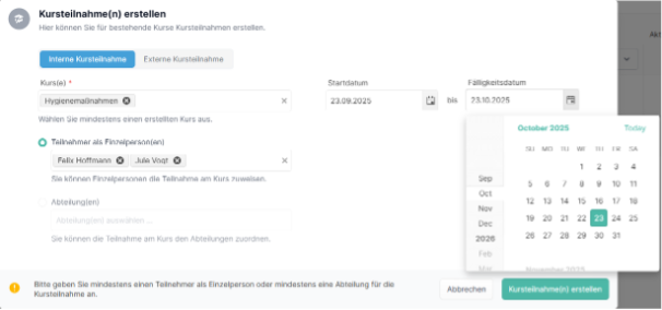 Kursteilnahme erstellen